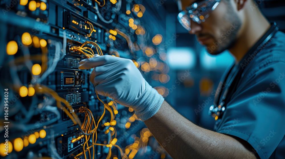 Poster engineer working on server rack, adjusting cables and connections, showcasing technical expertise an