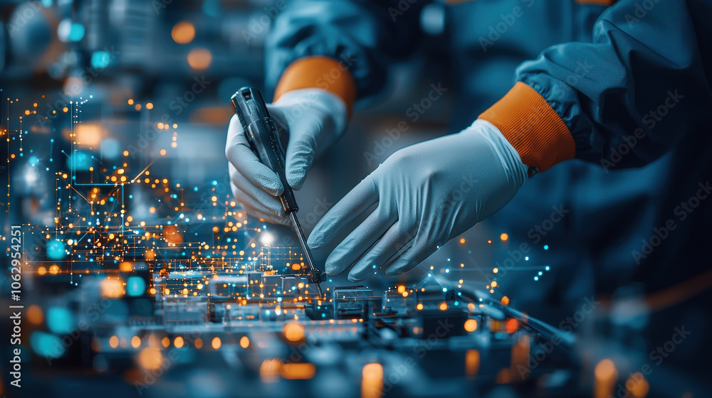 Poster Close up of engineer holding tools, working on circuit board with digital overlay. scene conveys innovation and precision in technology