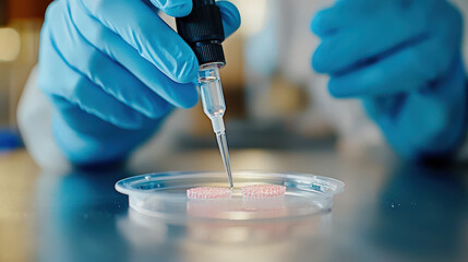 Close up of scientist hands in blue gloves using multi pipet to transfer liquid into petri dish, showcasing precision in laboratory setting