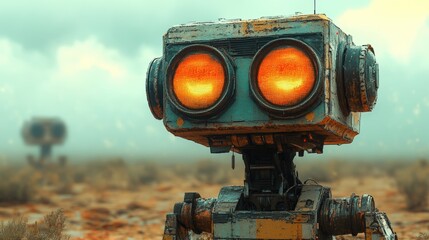 Rusty robot with glowing eyes in desert.