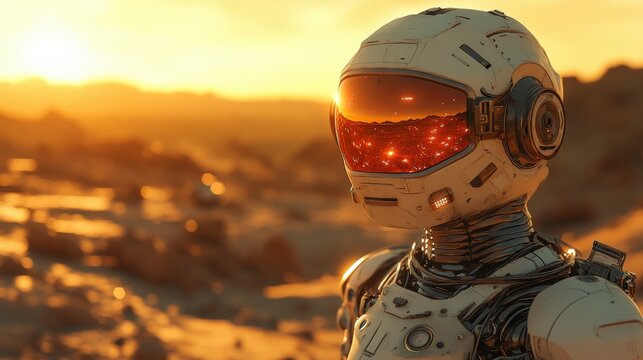 A robot astronaut in a desert sunset.