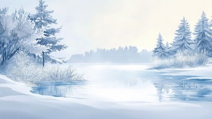 Hand-painted watercolor of a serene winter landscape, with snow-covered trees and a frozen lake reflecting the pale blue sky, creating a calm and quiet scene.