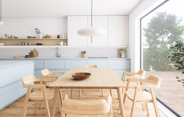 Modern kitchen interior with a wooden dining table and elegant decor