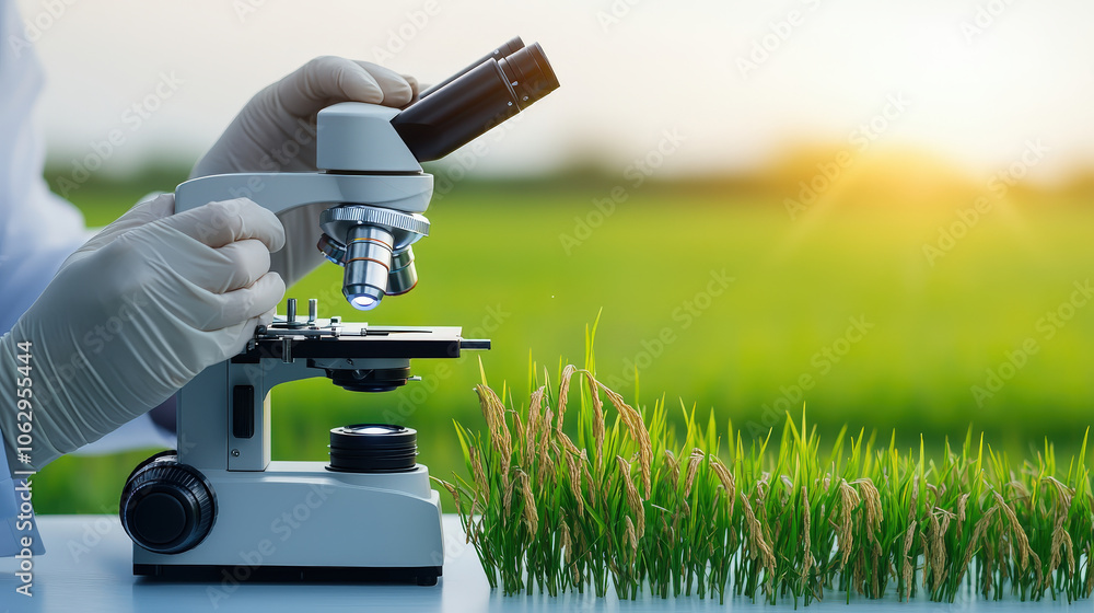 Poster close up of scientist hands in gloves using microscope in field of rice. scene captures essence of a