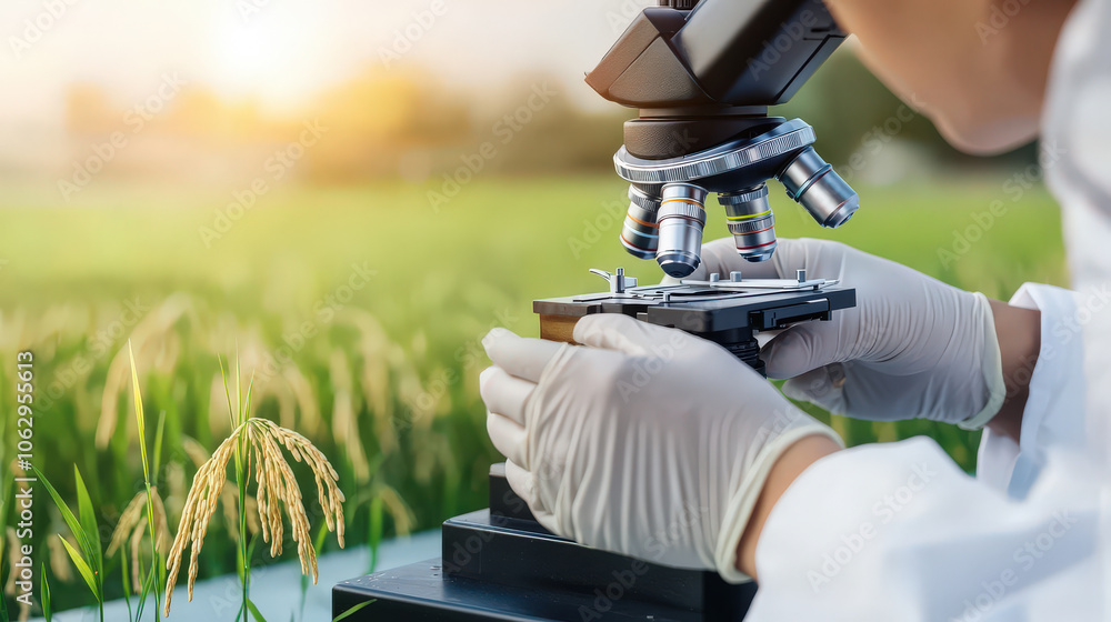 Poster close up photo of scientist hands wearing gloves using microscope in rice field. scene captures esse