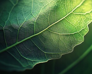 Fototapeta premium Close-up of a green leaf's intricate vein pattern, nature's beauty.