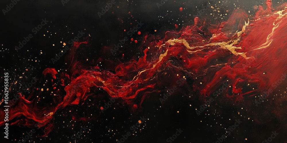 Poster a dark backdrop features an explosion of red and gold colors, creating a striking visual contrast wi