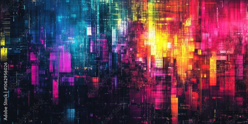 Poster a background featuring an abstract neon digital glitch effect showcases vibrant colors and distortio
