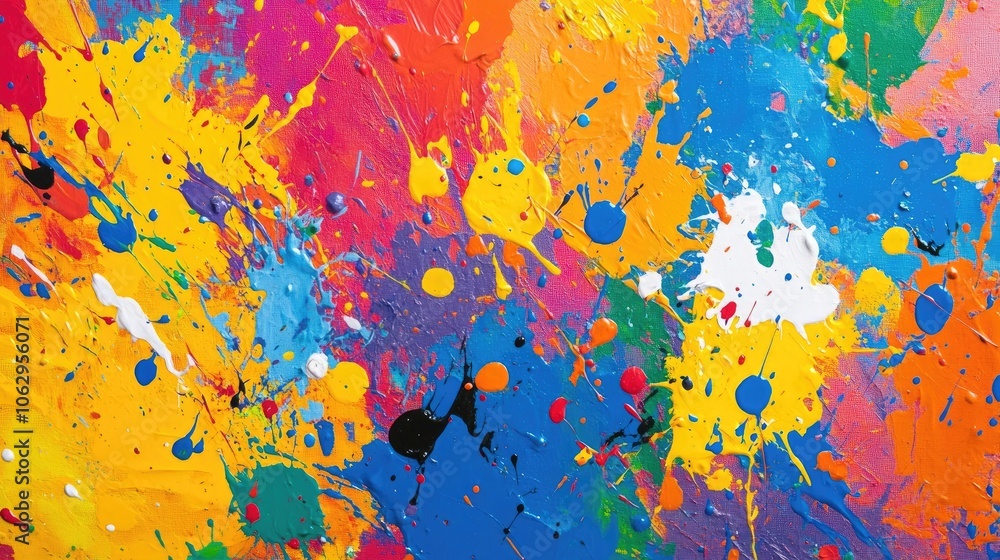 Poster vibrant paint splashes on a canvas create a striking visual effect. this artwork is filled with brig