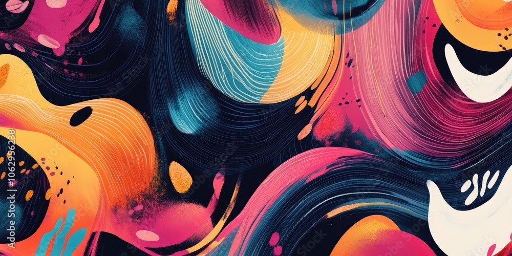 Poster design featuring an abstract background filled with vivid shapes and patterns. the texture is lively
