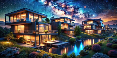 Obraz premium Futuristic Homes with Self-Repairing Technology at Night, Illuminated by Soft Glow, Urban Landscape, Innovative Architecture, Smart Living, Sustainable Design