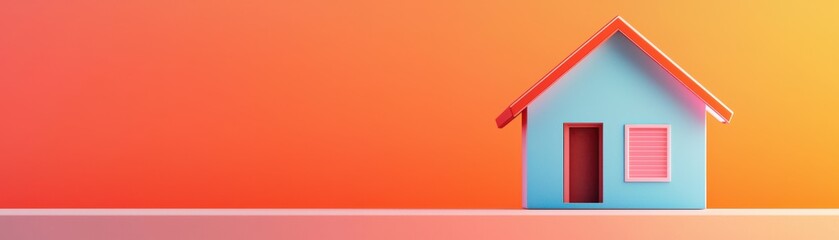 A vibrant illustration of a small blue house on a gradient orange background, symbolizing warmth, comfort, and home.
