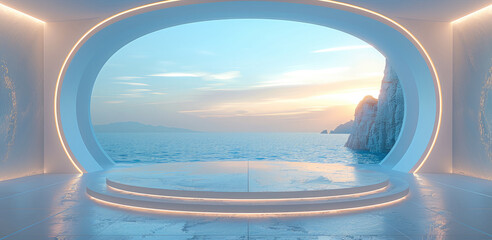 Fototapeta premium A futuristic circular empty platform is located at the center of an open space with views of the sea level through large windows, atmosphere of serenity and tranquility.