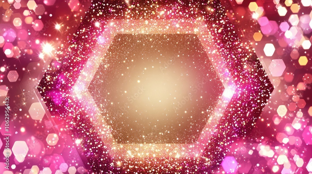 Poster abstract octagonal background with pink and gold glitter lights, creating a captivating visual effec