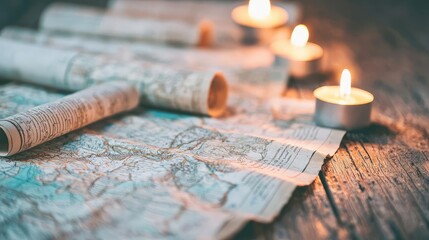 Naklejka premium Vintage maps on a wooden surface with candles, evoking a sense of adventure.