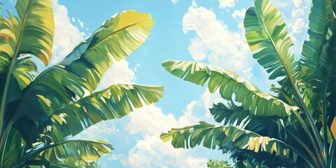 A tropical palm tree with large banana leaves stands against a backdrop of a blue sky, forming a wide panorama that captures the tranquility of summer nature.