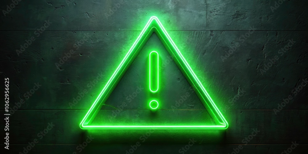 Poster glowing neon green triangle sign with exclamation point on dark background - warning indicator and a
