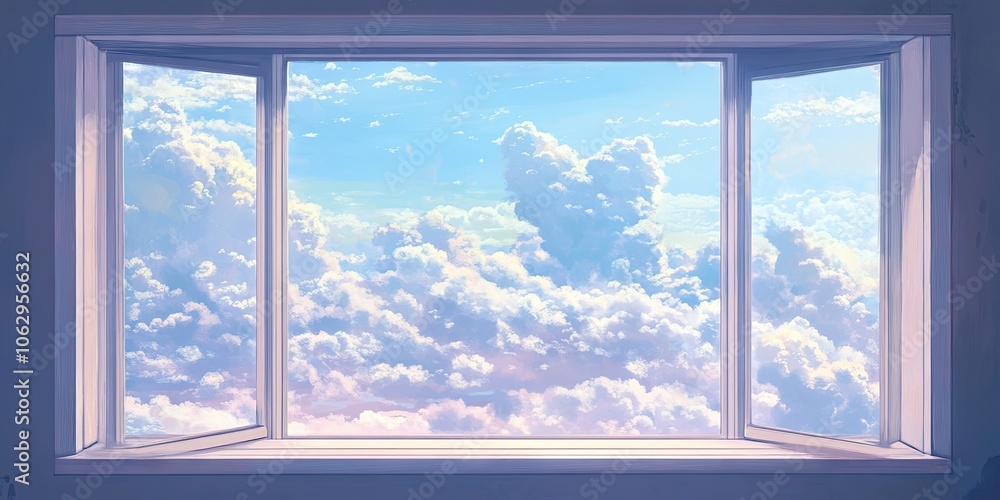Poster A peaceful view from a window features a sky filled with clouds, creating a serene and calming atmosphere that invites reflection and tranquility.