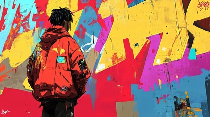 Fototapeta premium Man in red jacket against graffiti wall.