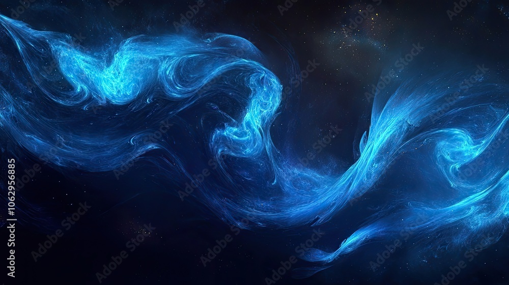 Poster neon blue waves create a captivating abstraction against a dark background, emphasizing the dynamic 