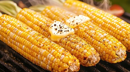 Grilled corn on the cob with melted butter and seasoning, smoky flavor.