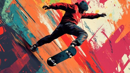 Naklejka premium Skater in red hoodie performing trick over painted backdrop.