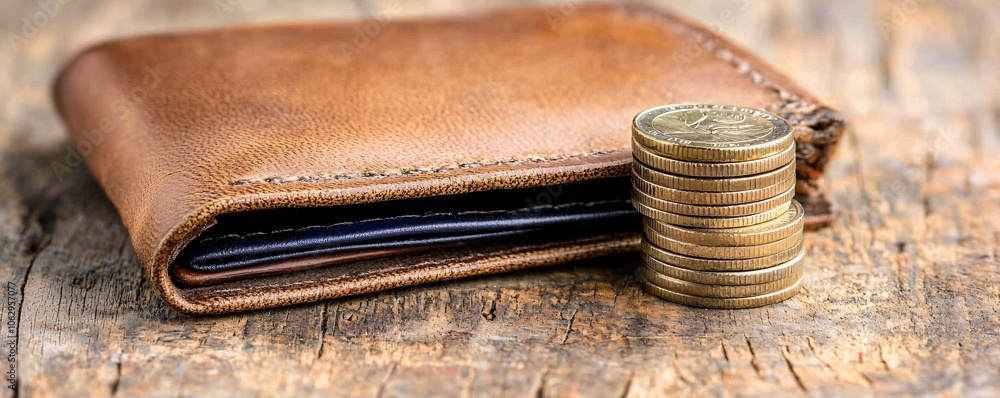 Aufkleber stack of coins against an empty wallet, low-cost representation, contrasting with a luxury item in t