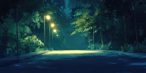 Obraz premium A peaceful street with light bulbs brightens a quiet road during the night, creating enchanting rays of light that highlight the surrounding dark, beautiful night sky elegantly and minimally.