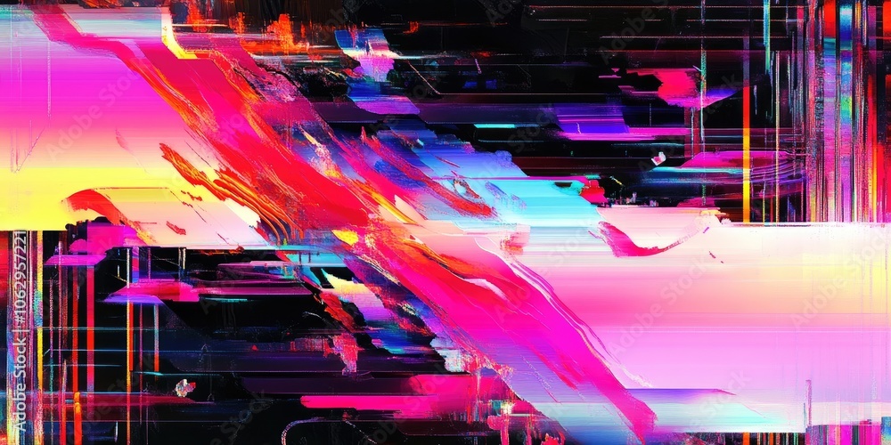 Poster a background featuring an abstract neon digital glitch effect showcases vibrant colors and distortio