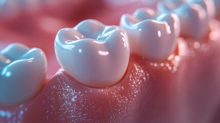 A close-up view of white dental teeth on a pink gum base, highlighting the glossy texture and detail of the dental anatomy.