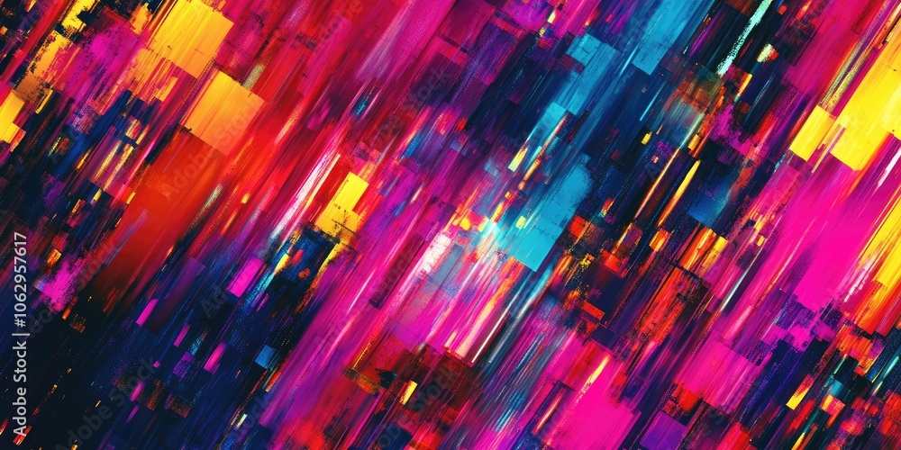 Poster a background featuring an abstract neon digital glitch effect showcases vibrant colors and distortio