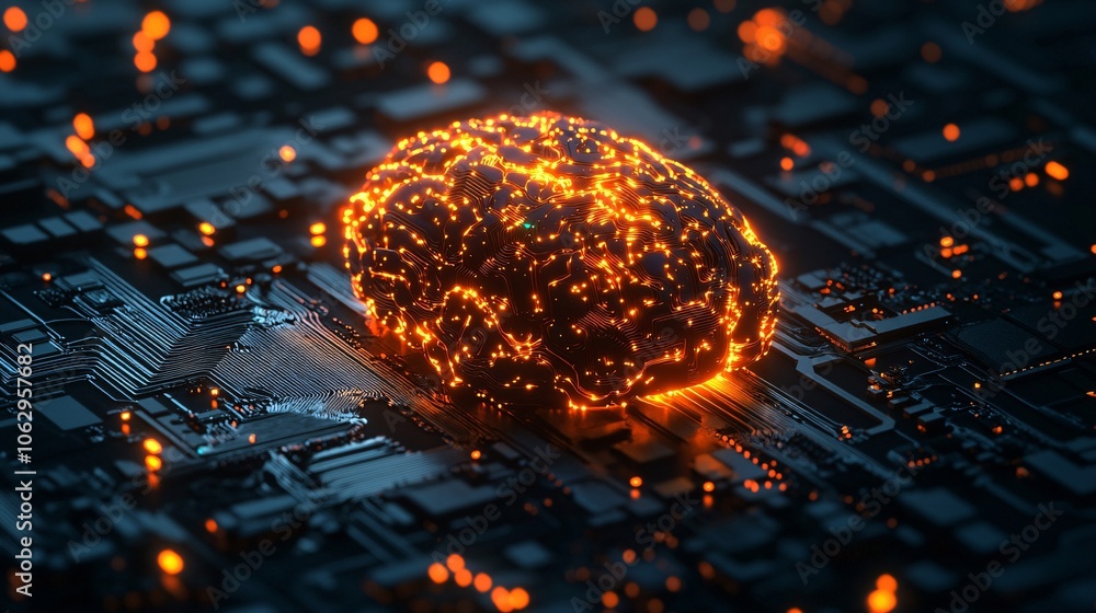 Aufkleber a glowing brain-like structure is depicted on a circuit board background, symbolizing technology and