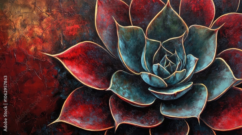 Poster detailed image capturing a succulent with rich red hues, emphasizing its unique textures and colors.
