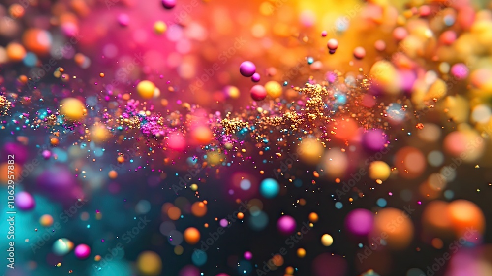 Poster vibrant abstract festive background composed of three-dimensional colorful particles in motion, offe