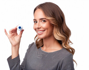 Portrait of cheerful smiling woman holding white sewing thread beauty cute on white background