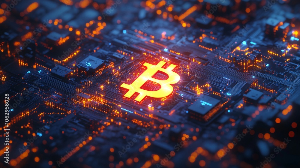 Poster the image depicts an illuminated bitcoin symbol on a circuit board, highlighting the intersection of