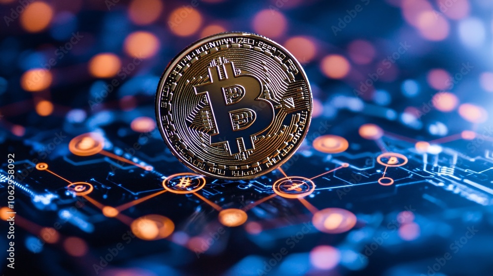 Poster a close-up of a bitcoin against a digital background, featuring network lines and glowing elements, 