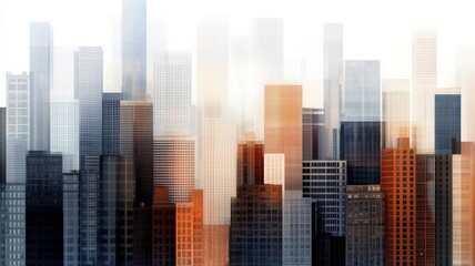 Obraz premium Abstract city skyline with tall buildings in blurred layers, creating a modern urban aesthetic.