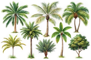 Obraz premium Hand-Drawn Palm Tree Illustrations Set - Eight Unique Styles, Various Leaf Shapes, White Background, Perfect for Tropical Themes, Nature Art, Botanical Design, and Graphic Projects