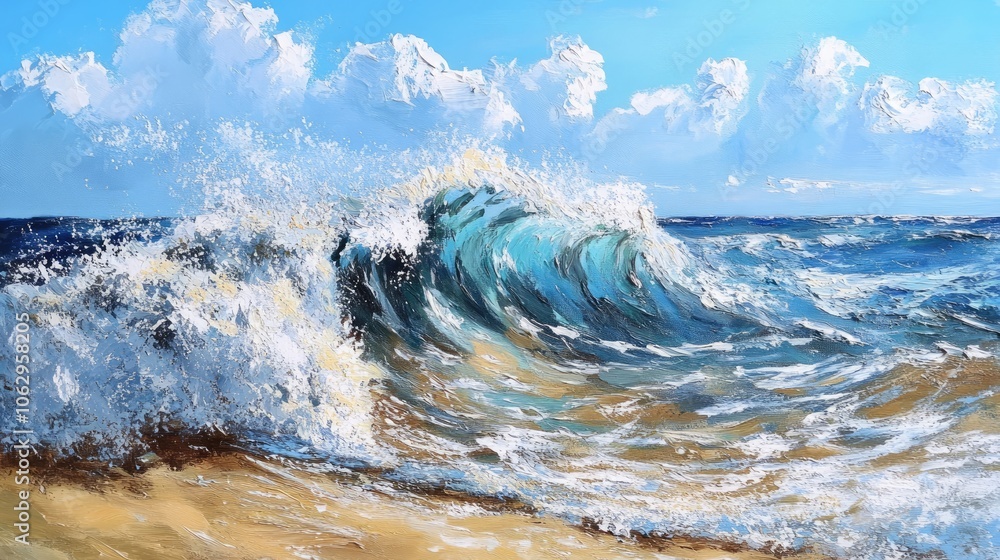 Poster wave curls crash against the shore in the sea, creating dynamic motion and texture. the captivating 