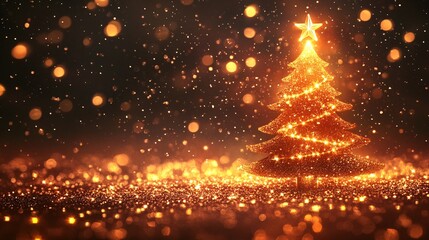 Obraz premium A glowing Christmas tree adorned with lights sparkles amidst shimmering particles in a festive atmosphere.
