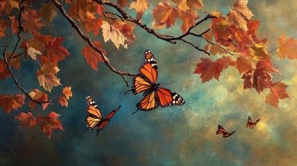 Maple tree branches adorned with vibrant leaves create a picturesque scene, accompanied by delicate butterflies. This image captures the essence of maple trees and natures beauty.