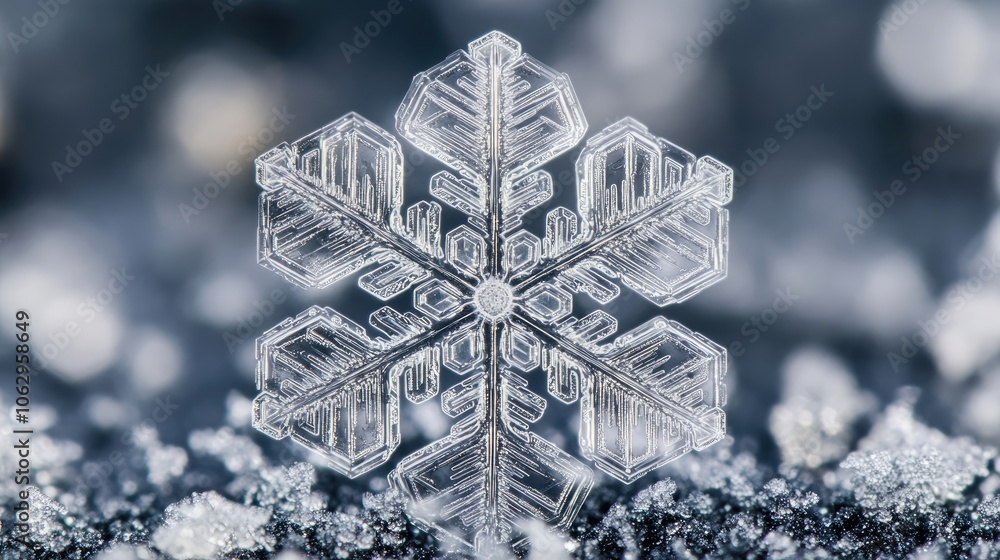 Poster macro shot capturing the intricate details of a snowflake, highlighting its unique structure and bea