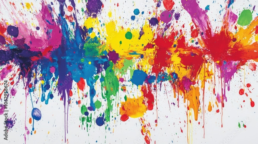 Poster vibrant paint splashes on a canvas create a striking visual effect. this artwork is filled with brig