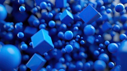 Numerous blue spheres and cubes are suspended in mid-air, creating a captivating visual of blue spheres and cubes. This composition offers ample space for design elements.