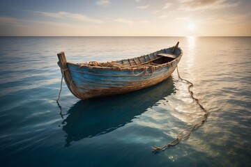Fototapeta premium Wooden boat on calm sea at sunset with warm beach and distant island view