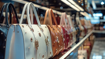 A high brand bags lined up in a store.