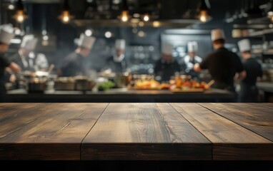 Capture a high-resolution photo of a bustling restaurant kitchen, where chefs are actively preparing dishes on wooden tables. 