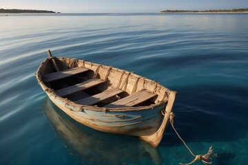 Obraz premium Wooden boat on calm sea at sunset with warm beach and distant island view