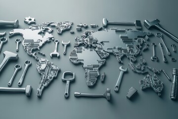 Metallic world map formed with tools and hardware elements on grey background